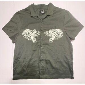 Ed Hardy Mens Button UP Army Olive Green Shirt Tiger Eagle Tattoo XL 211 A1